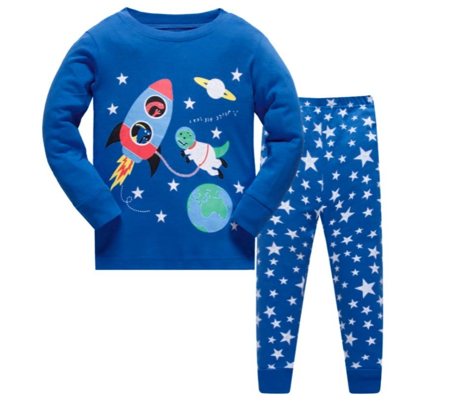 Пижама для мальчика с длинным рукавом принтом космос синяя Динозавры космонавты Baobaby 126881 126881 фото