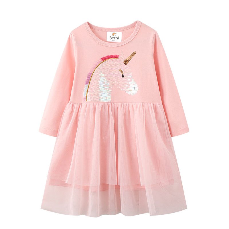 Платье для девочки с длинным рукавом и изображением единорога розовое Shiny unicorn Berni Kids 126466 126466 фото